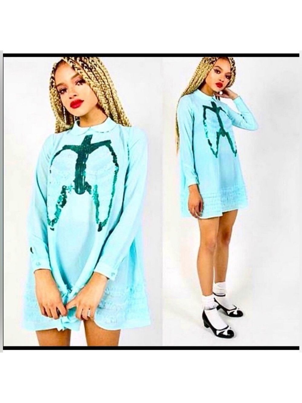 Iron Fist Dead Mermaid Walking Dress Pastel Goth Blue Sequin Rib Cage Pan Collar - Picture 4 of 14